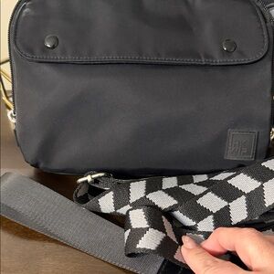 Ihkwip Black Crossbody Bag with Patterned Strap and wristlet